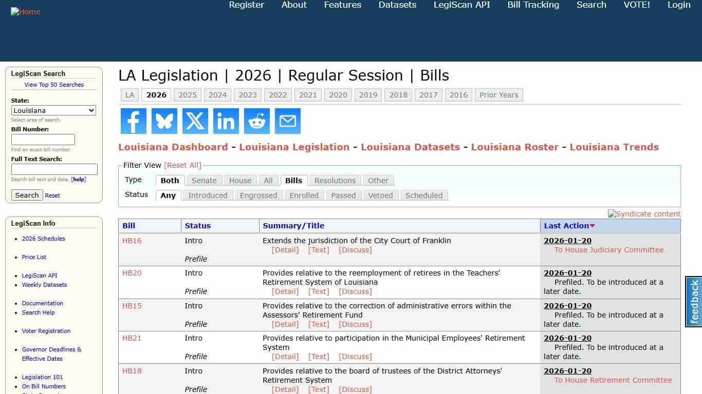 LA Legislation | 2026 | Regular Session | Bills | LegiScan